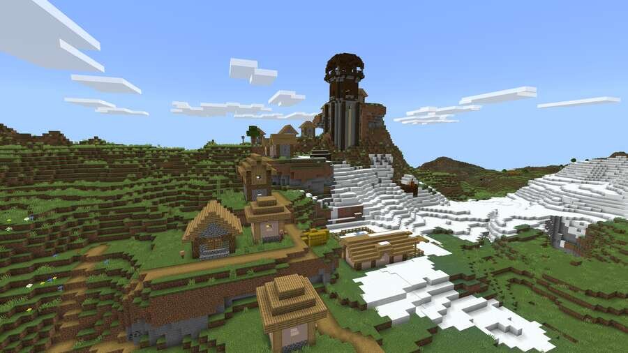 Вид на снежные горы, деревушку и Аванпост на вершине