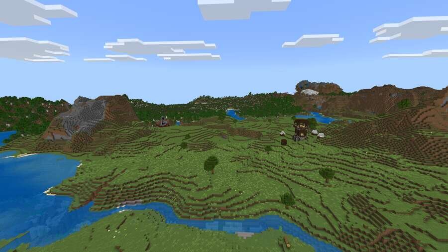 Разрушенный портал и Аванпост на фоне зеленых полей и синего неба