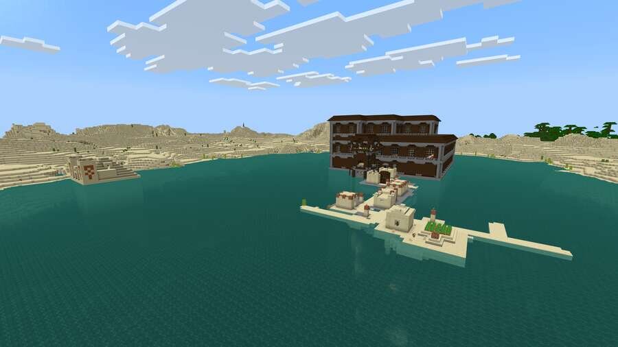 Особняк, деревня и пустынный храм посреди озера